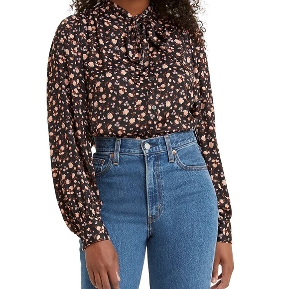 Levi’s Black Floral Marianna Donna Floral Dusty Caviar Printed Tie-Neck Top XXL - Picture 4 of 8